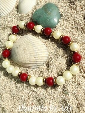 Red JASPER and Creamy WHITE Pearl Stretch Bracelet with Gold Accents
